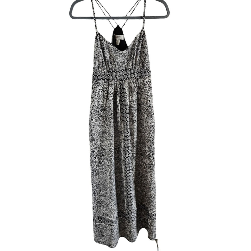 Loft Womans Size 6 Maxi Dress Empire Waist CottageCore GeoPrint Spaghetti Strap